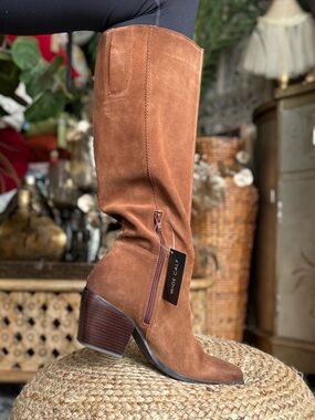 Leather Wide Calf Brown Suede Mid-Heel Knee Boot western boot